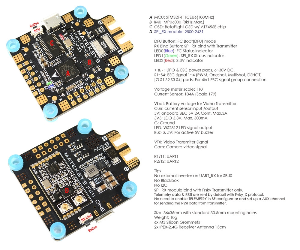 Matek System F411-One 30.5x30.5mm F4 Flight Controller AIO OSD 5V BEC Current Sensor for RC Drone