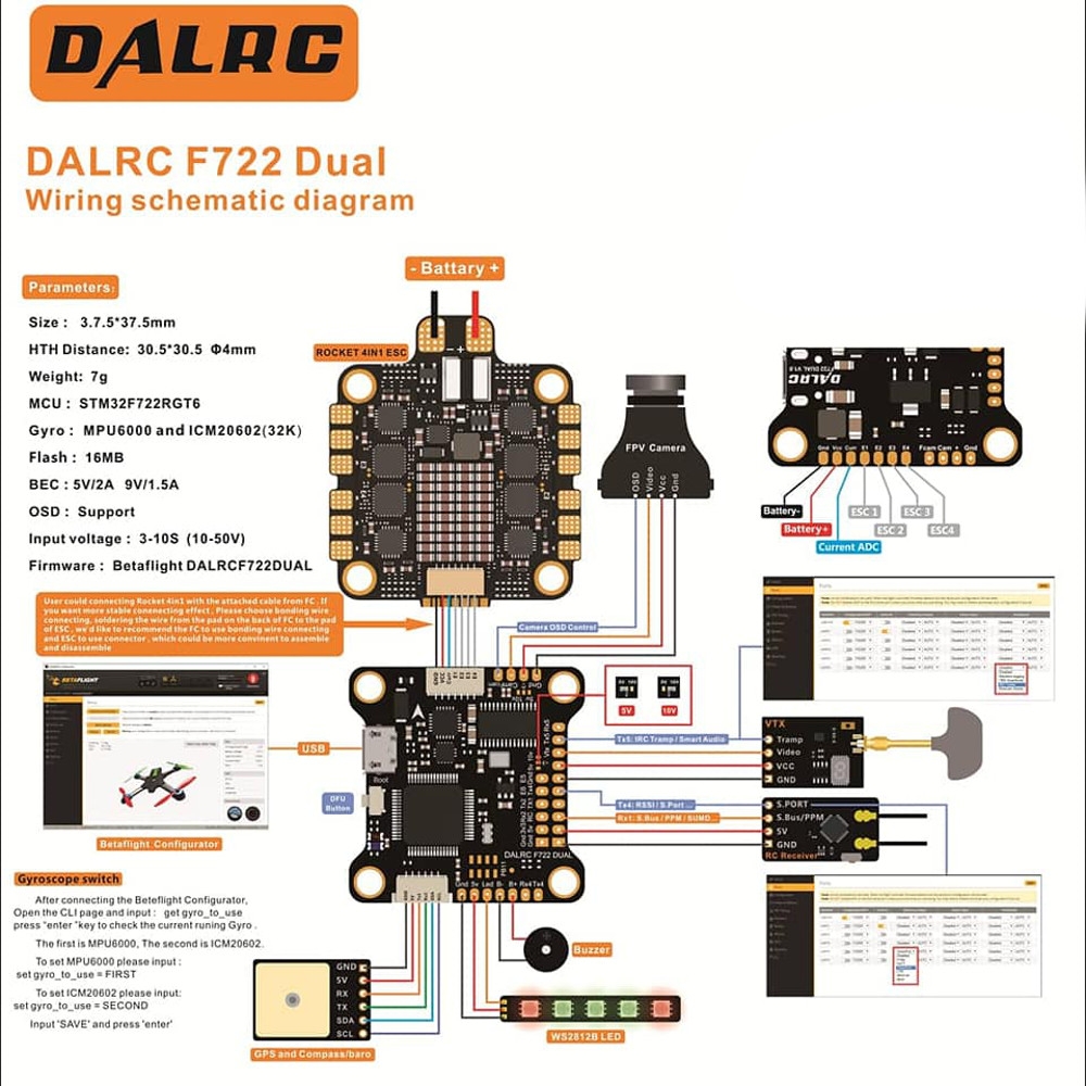 DALRC F722 DUAL STM32F722RGT6 F7 Flight Controller & Rocket 50A ESC 3-6S Blheli_32 DSHOT1200