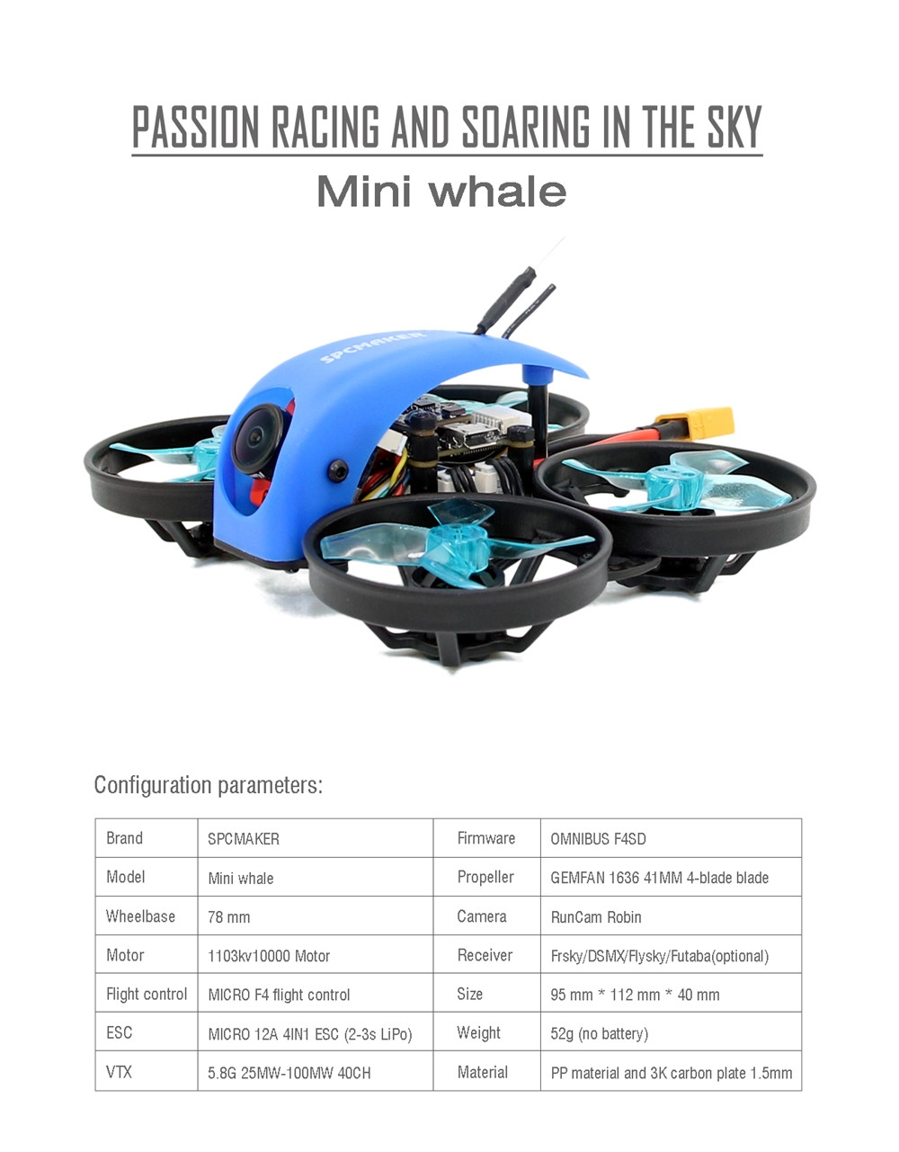 SPC Maker Mini Whale 78mm F4 FPV Racing Drone PNP BNF w/ 25/100mW VTX Runcam Robin Camera