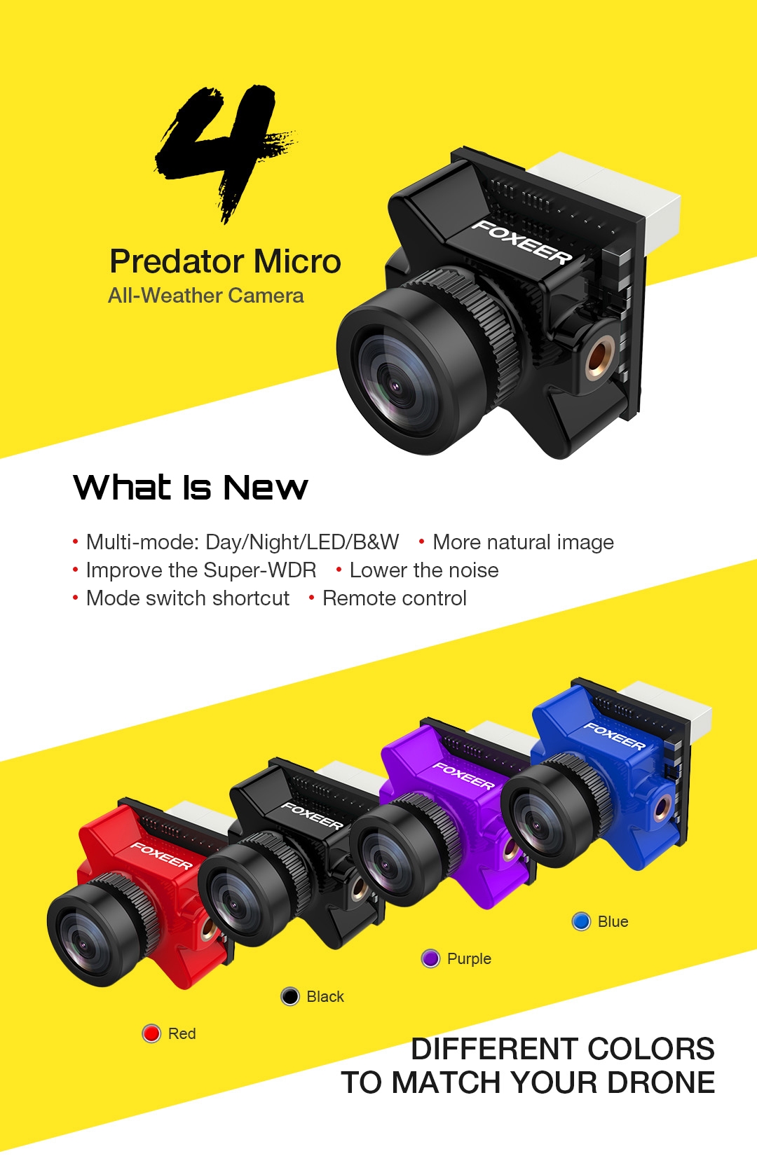 Foxeer Micro Predator 4 Super WDR 4mm Latency 1000TVL FPV Racing Camera with OSD for RC Drone