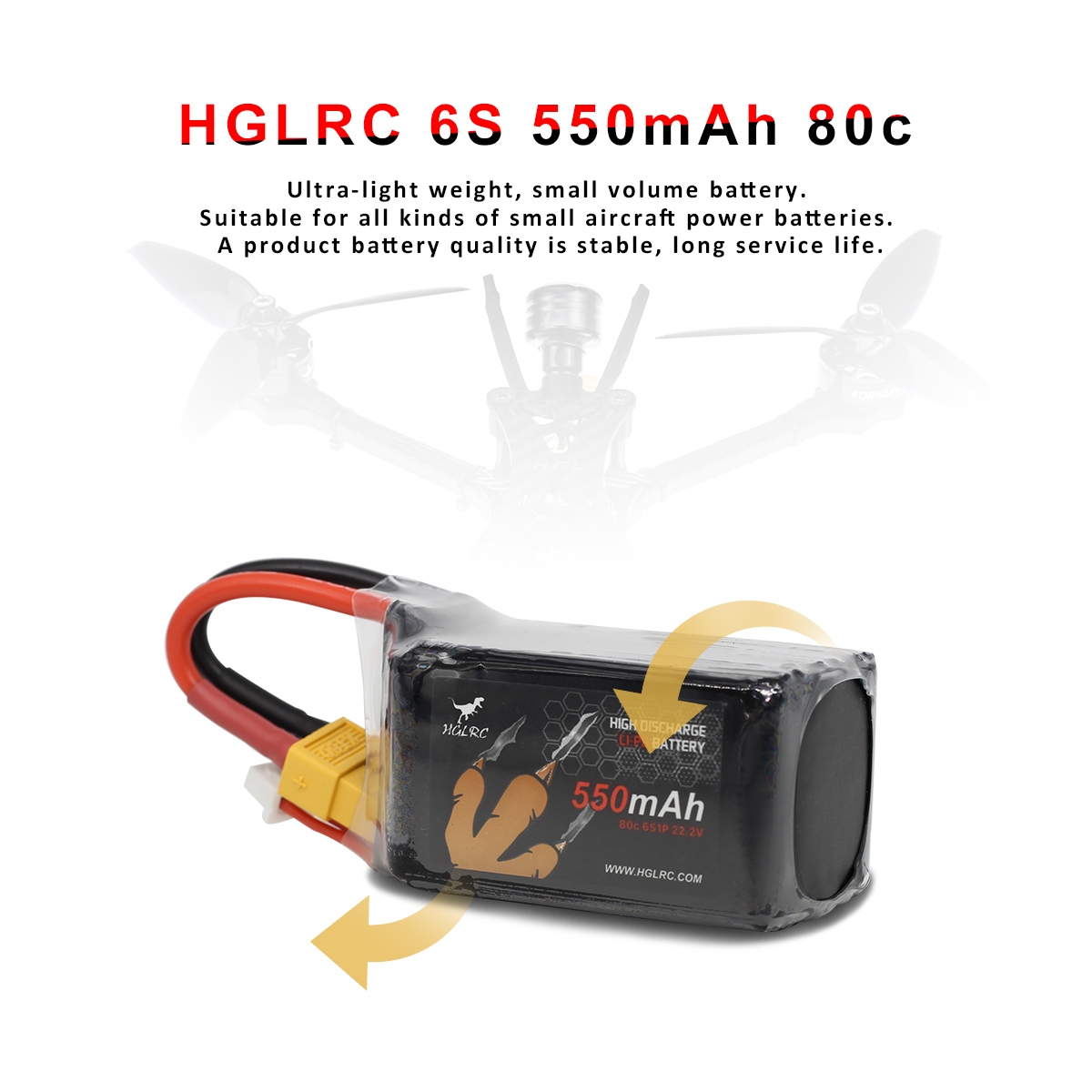 HGLRC 6S 22.2V 550mAh 80C LiPo Battery XT60 with 2x Battery Strap 75*32*50mm 115.1g for RC Drone FPV Racing