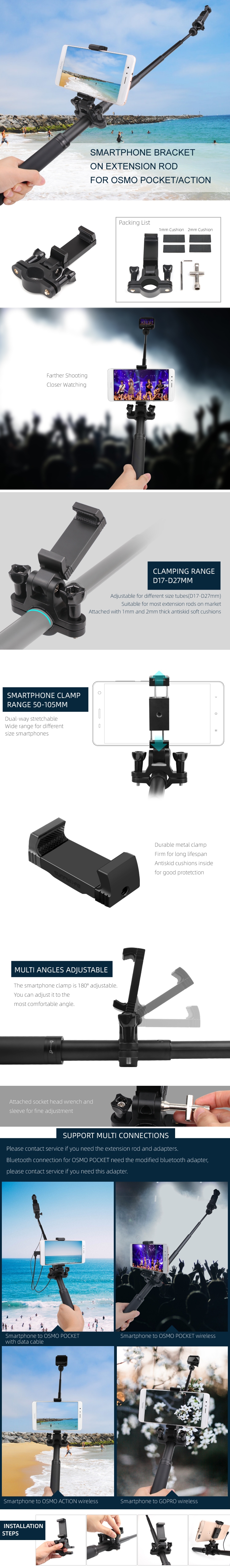 Sunnylife Smartphone Bracket Holder for GOPRO DJI OSMO POCKET Gimbal Camera Extension Rod