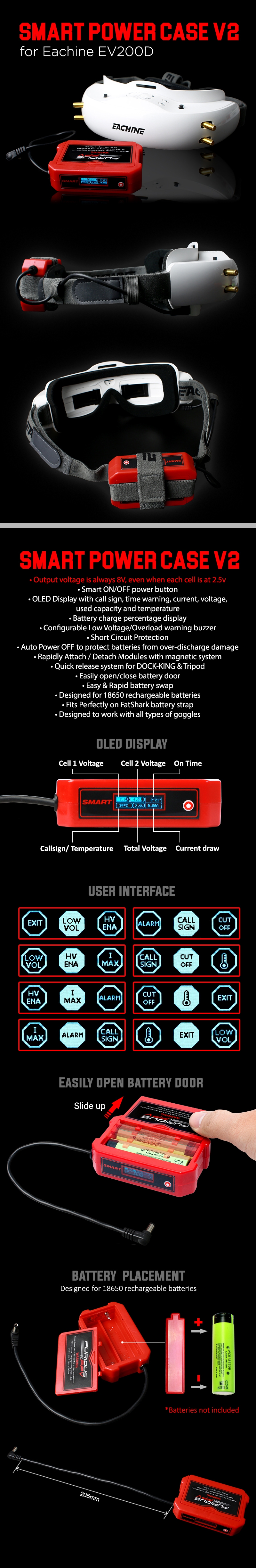 FuriousFPV Smart Power Case V2 for Eachine EV200D FPV Goggles