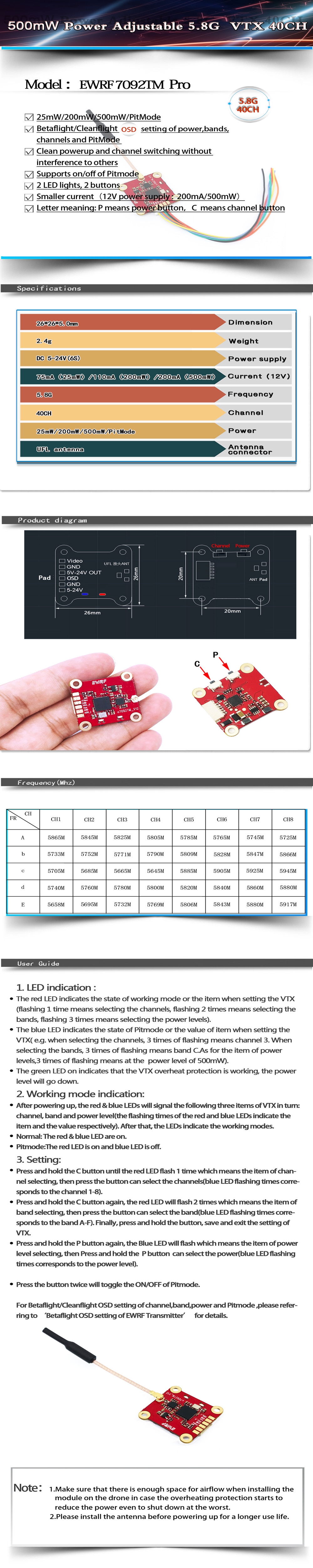 EWRF 7092TM Pro 5.8G 40CH 25/200/500mW Power Adjustable FPV Transmitter VTX for RC Drone