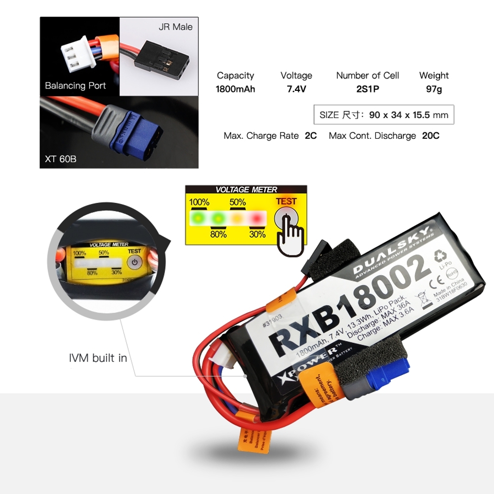 DUALSKY RXB18002 7.4V 1800MAH 20C/2C LiPo Battery with Voltage Meter Indicator LED XT60B JST-XH TJC8 for FPV Racing RC Drone Aircraft Airplane Car Helicopter