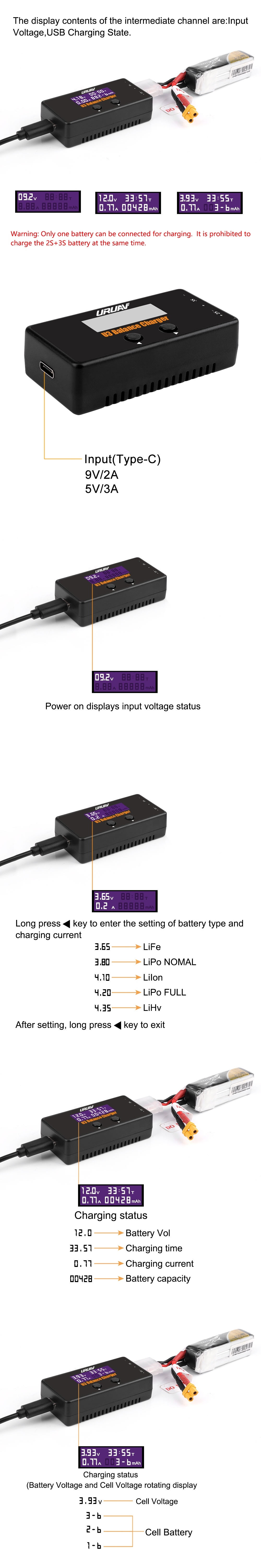 URUAV U3 18W 2A/3A Type-C Battery Balance Charger for 2-3S LiPO/LiHV/LiFe/Lilon Battery