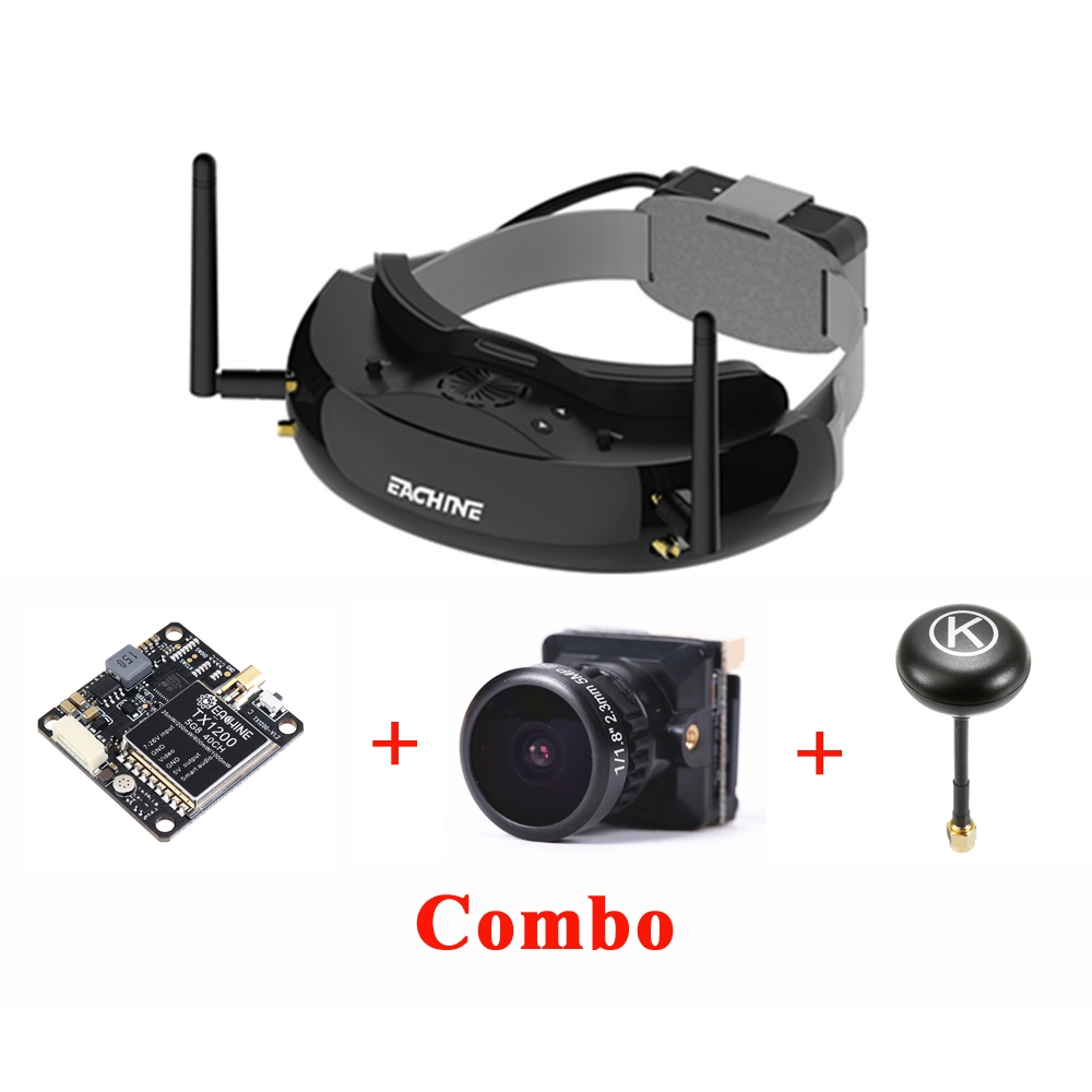 Eachine EV200D True Diversity FPV Goggles Black TX1200 FPV Transmitter Bat 19S FPV Camera 2.3mm Eachine K-Loverleaves Antenna RP-SMA Combo