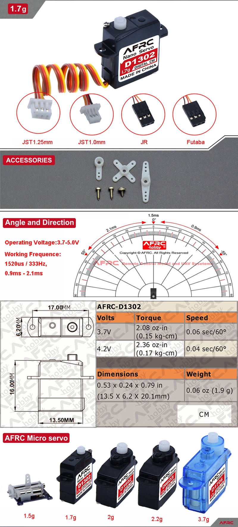 AFRC-D1302 Micro 1.7g Large Torque Mini Digital Servo for RC Airplane Fixed Wing Helicopter