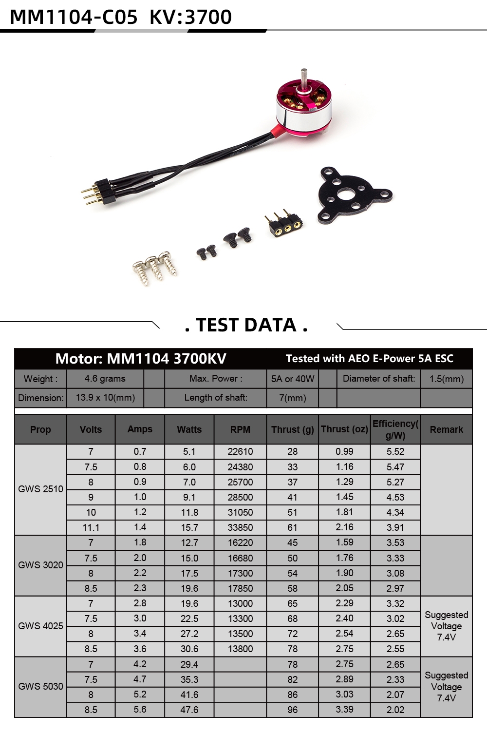 AEORC RC Power Combo MM1104 1104 KV3700 3700KV Brushless Motor +1S/2S 5A ESC+5030 Prop for RC Fixed Wing Airplane Plane