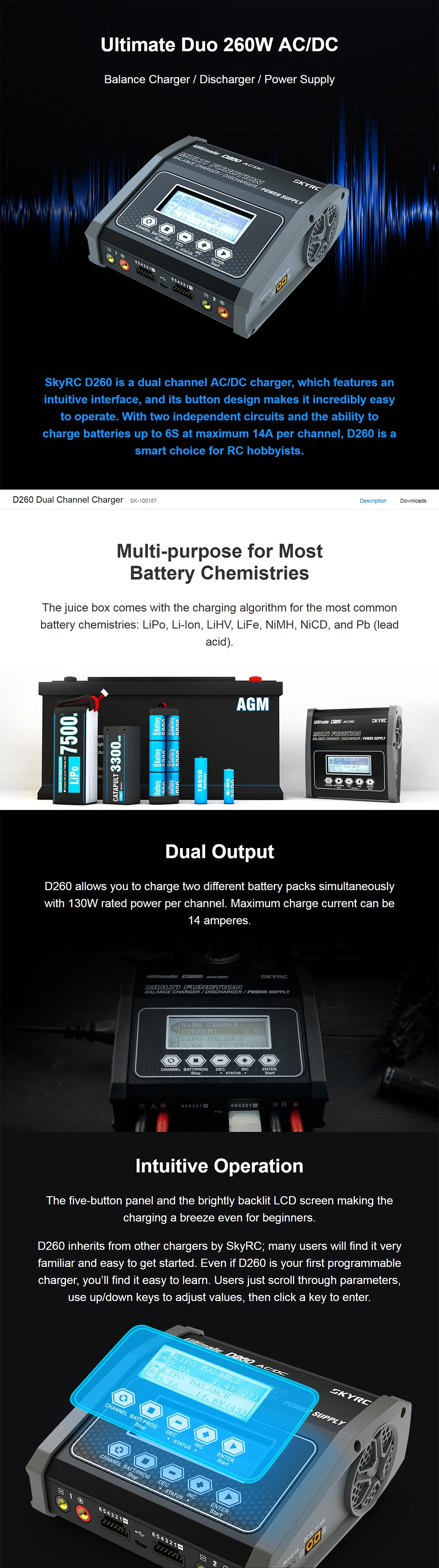 SKYRC D260 260W 14A AC/DC Dual Channel Charger Battery Charger Discharger for 1-6S Lipo Battery