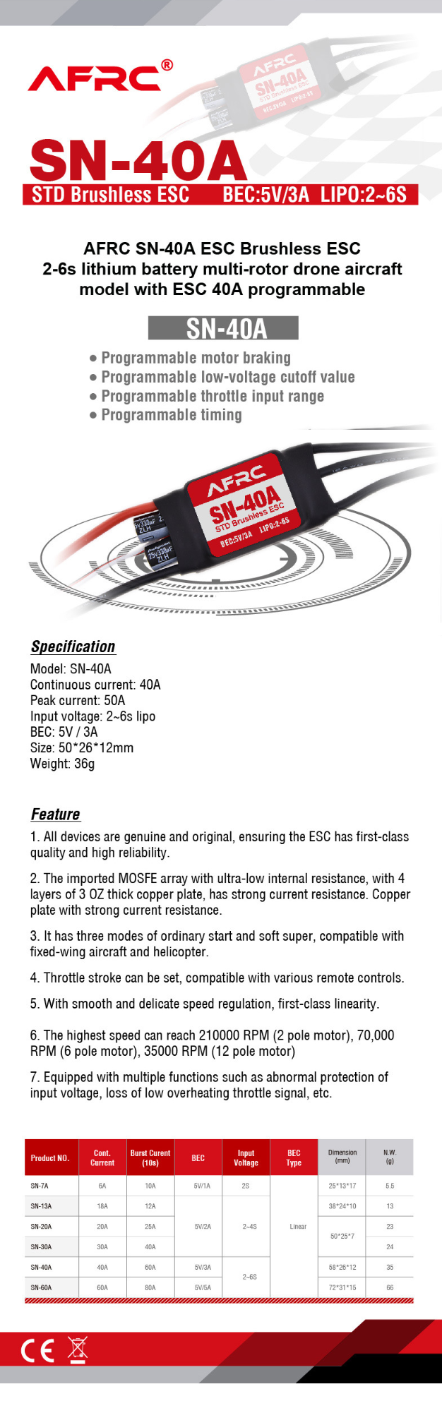 AFRC SN-40A Micro Brushless ESC with 5V/3A BEC 2-6S for RC Airplane Spare Part