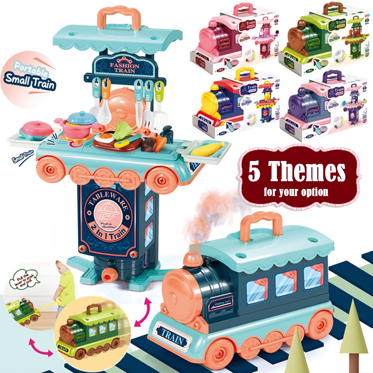 2 IN 1 Multi-style Kitchen Cooking Play and Portable Small Train Learning Set Toys for Kids Gift