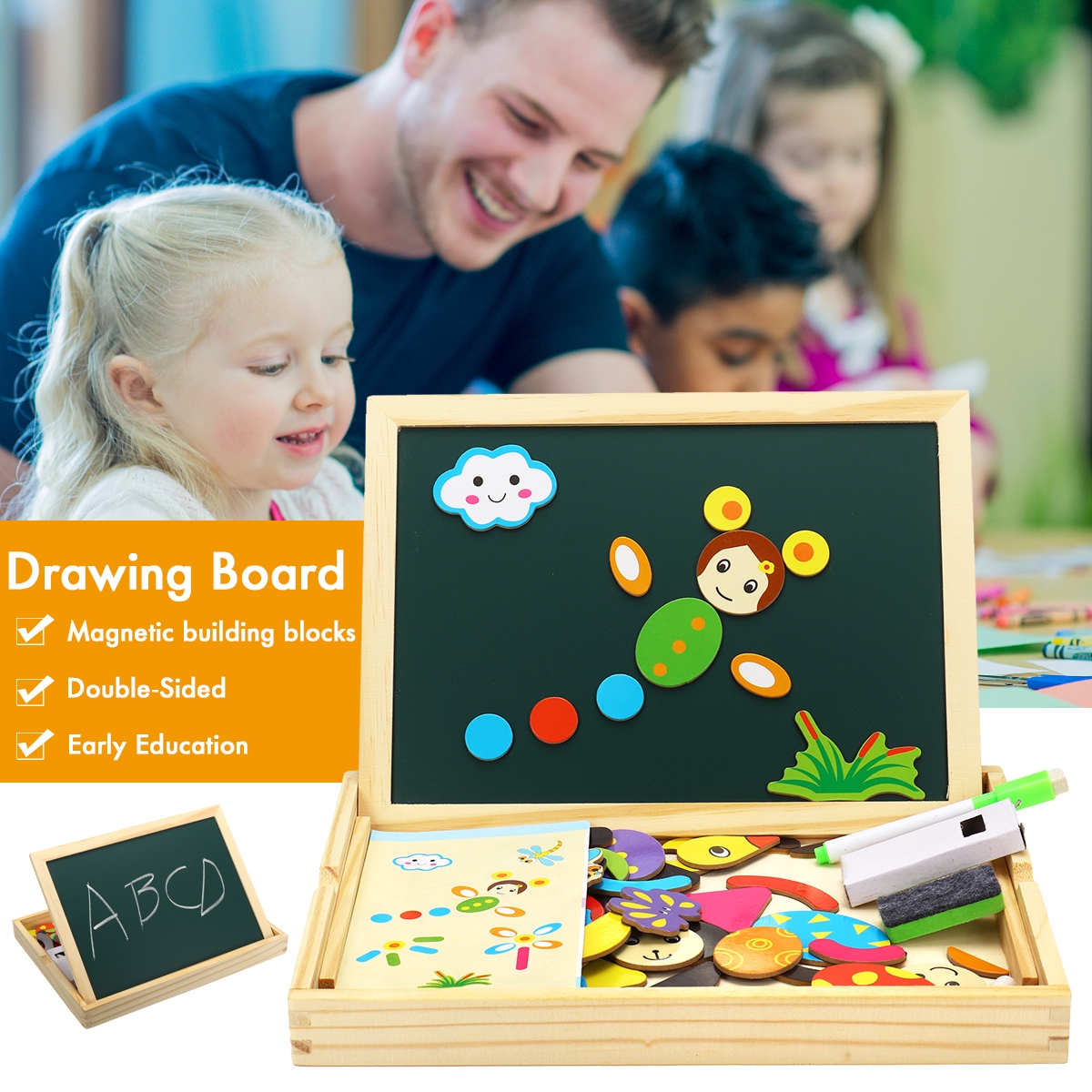 Wooden Magnetic Double-Sided Drawing Board Blocks Children Early Education Toys