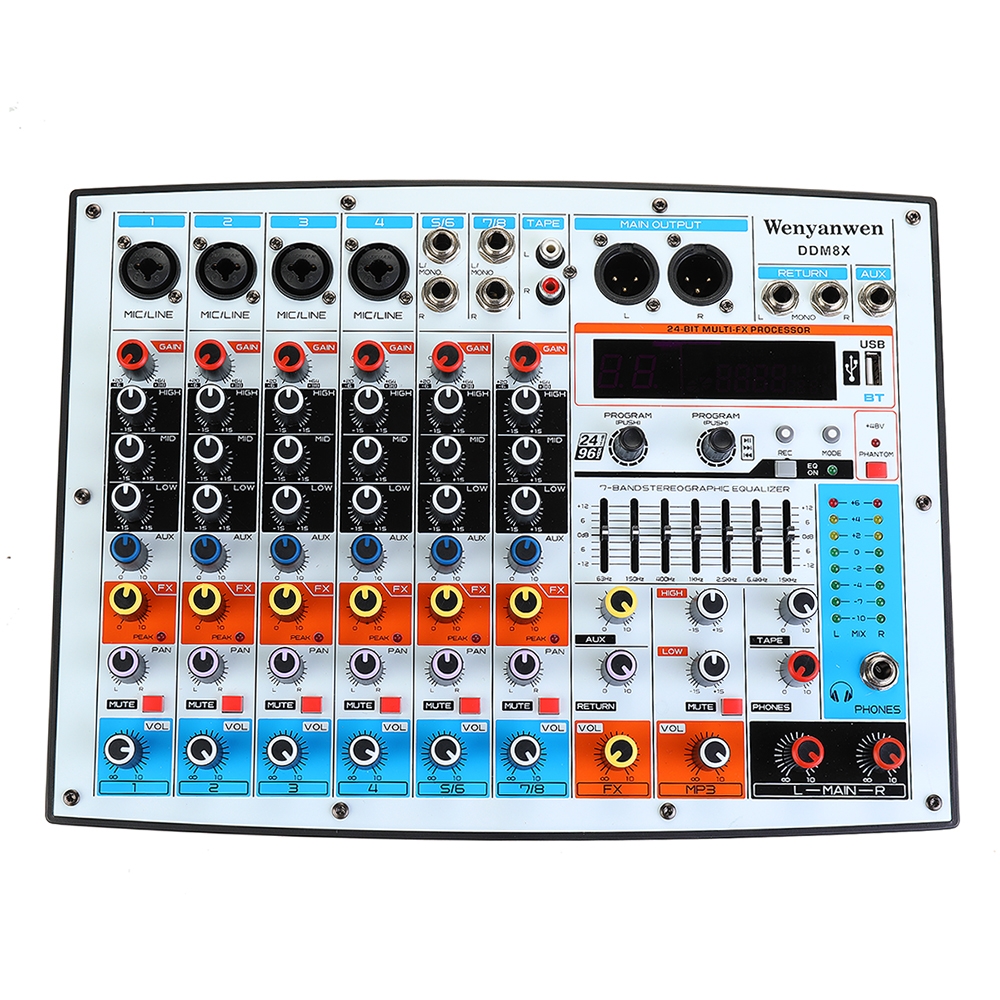 WENYANWEN DDM8X 4 Channel 7 Bands Main EQ 16 DSP Effects Audio Mixer Bluetooth Live Studio Audio Mixing Console