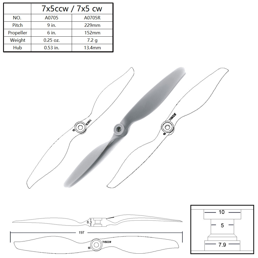 APC 7050 7x5 7inch Nylon Propeller Blade CW CCW For RC Airplane Fixed-wing