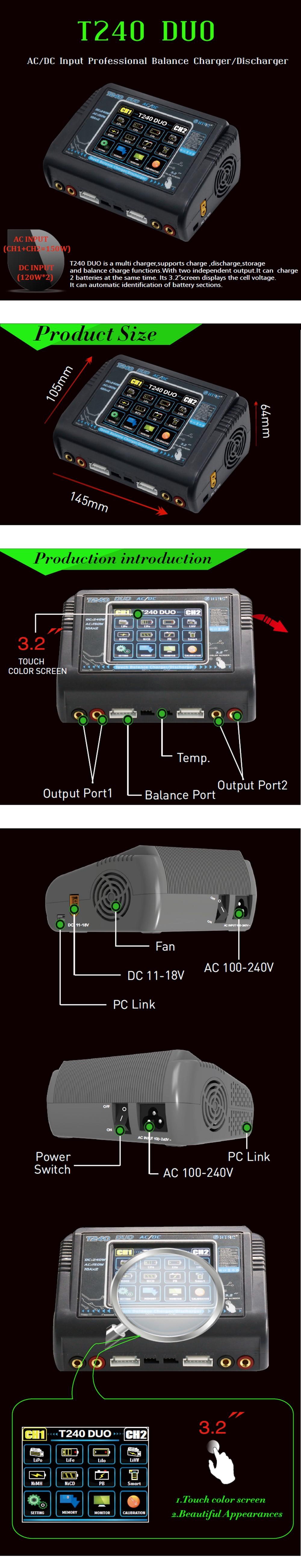 HTRC T240 DUO AC 150W DC 240W 10A Touch Screen Dual Channel Battery Balance Charger Discharger