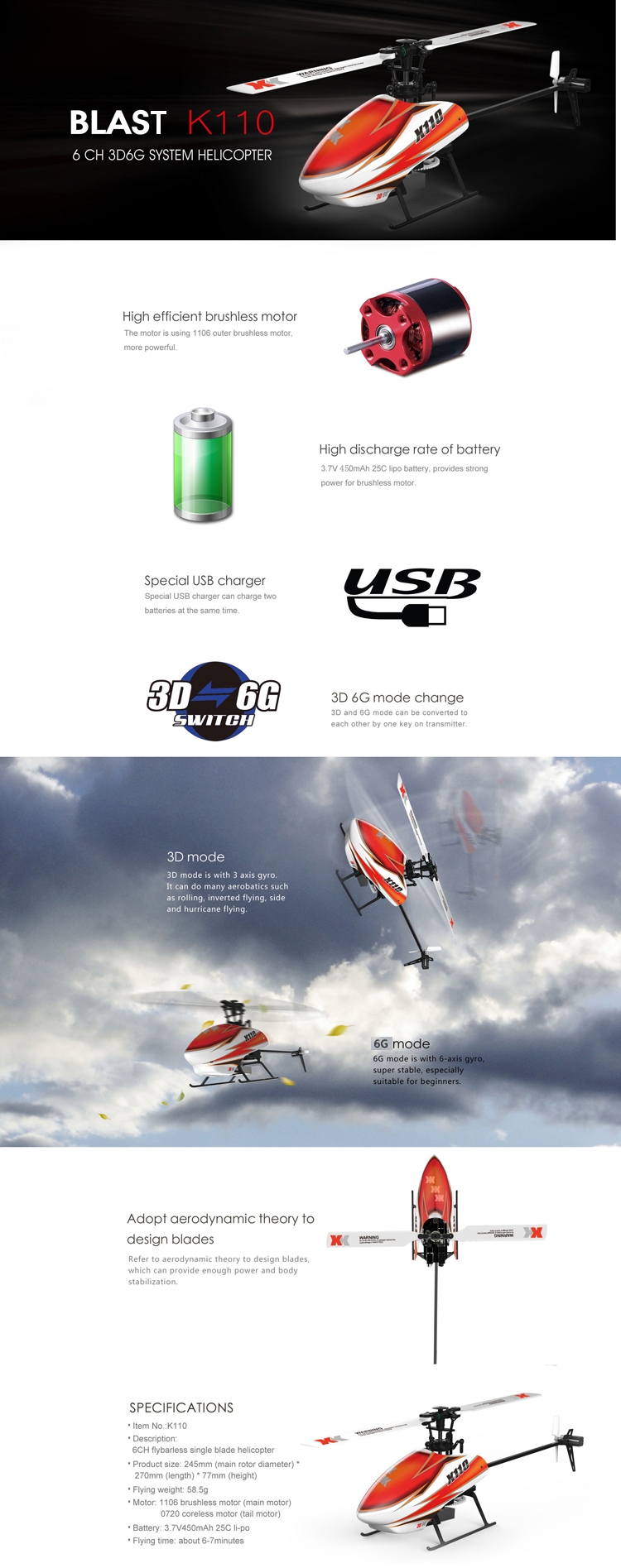 XK K110 Blast 6CH Brushless 3D6G System RC Helicopter RTF