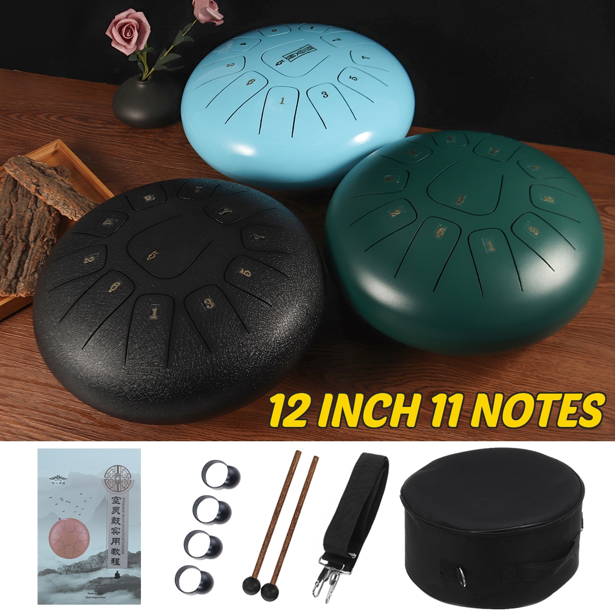 12'' Steel Tongue Drum Handpan Hand Drums Major 11 Notes Tankdrum + Mallets Bag