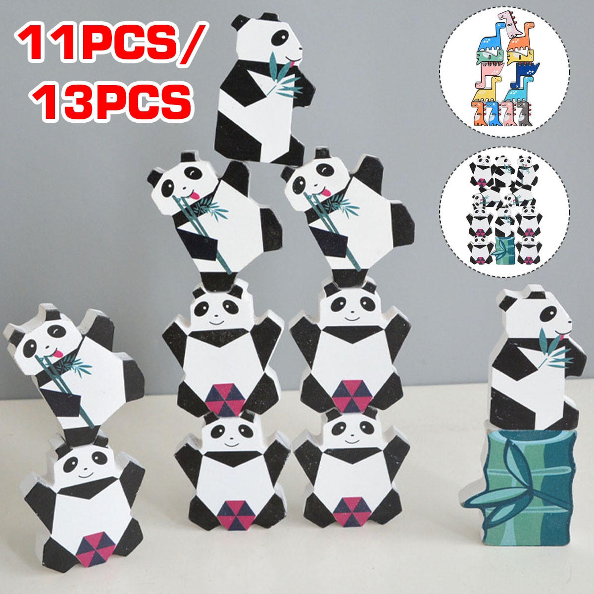 11/13 Pcs Creative Panda Dinosaur Wooden Stacking Game Building Blocks Early Educational Toy for Kids Gift